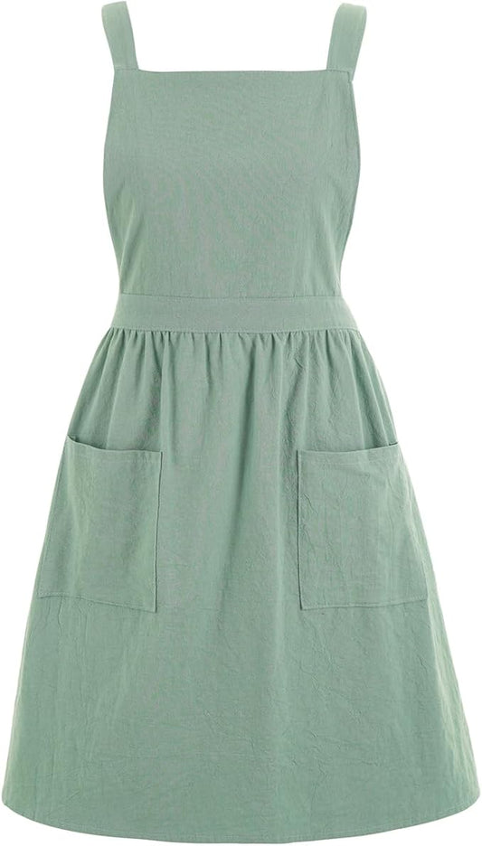 Cotton Linen Pinafore Apron Dress for Women with Pockets Cute Art Chef Aprons for Kitchen Baking Gardening Painting