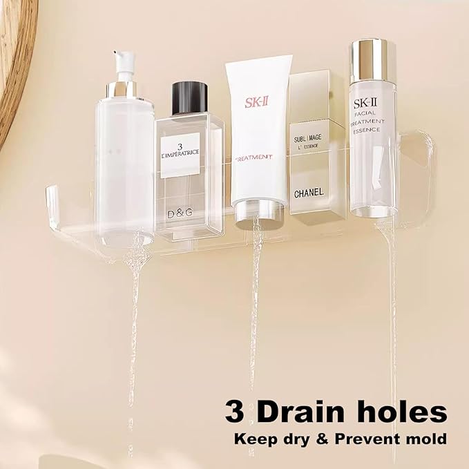 No-Drill Acrylic Shower Caddy – Wall Mounted Bathroom Shelf with Drain Holes, Strong Adhesive, Large Capacity for Shower, Kitchen, RV – Sandra Series