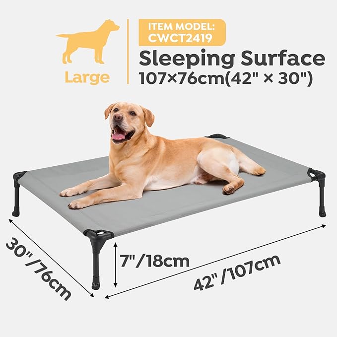 Veehoo Raised Dog Bed - Cooling Elevated Pet Cot with Mesh, No-Slip, Durable for Large Dogs, 42" x 30", Grey, CWC1803-L