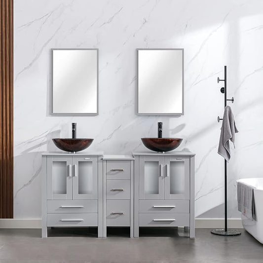 eclife 60" Modern Bathroom Vanity Sink Combo Freestanding Cabinet with Small Side Cabinet, Brown Round Glass Vessel Sink, Water Save Faucet, Drain (Gray+A09)