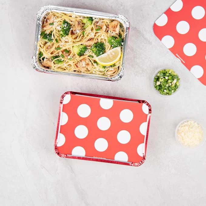 Restaurantware 16 Ounce Disposable Takeout Containers 50 Rectangle Food Containers - With Polka Dot Lids Red Takeaway Containers Aluminum Delivery Containers Freezable