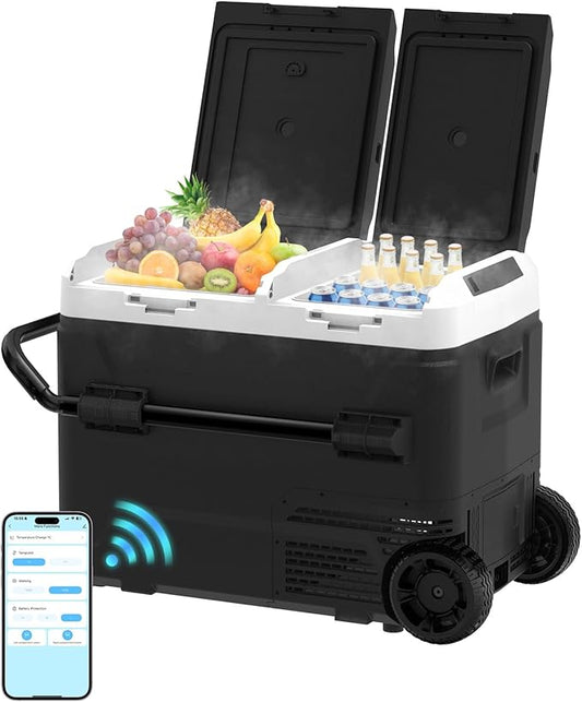 AS 12 Volt Refrigerator, 53QT(50L) Dual Temperature Zone Electric Cooler with Wheels, Portable Freezer 12V/24V DC 110-240V AC, -4℉-68℉ Car Fridge for Car, Marine, Home, Outdoor, etc