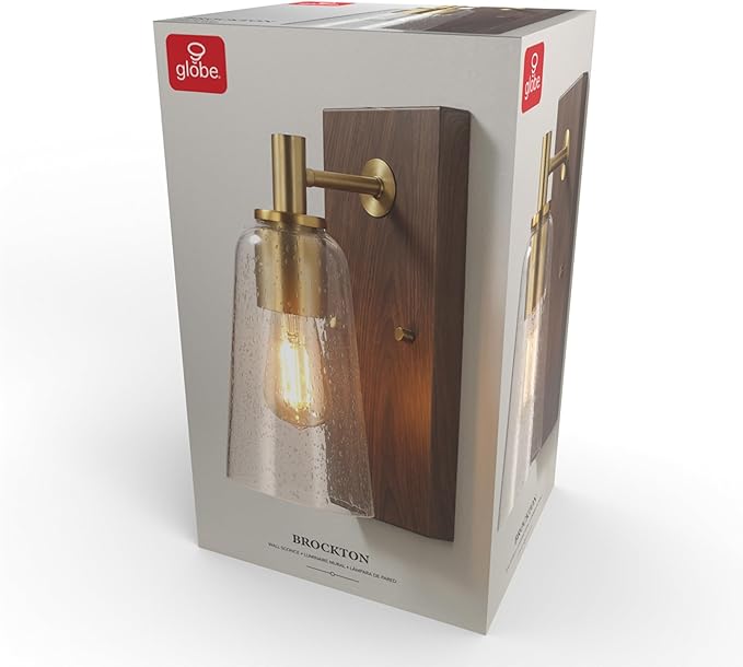 GLOBE Electric 65000051 1-Light Wall Sconce, Dark Wood Toned, Matte Brass Accents, Seeded Glass Shade, E26 Base Socket, Lights for Living Room, House Décor, Interior Lighting, Home Improvement