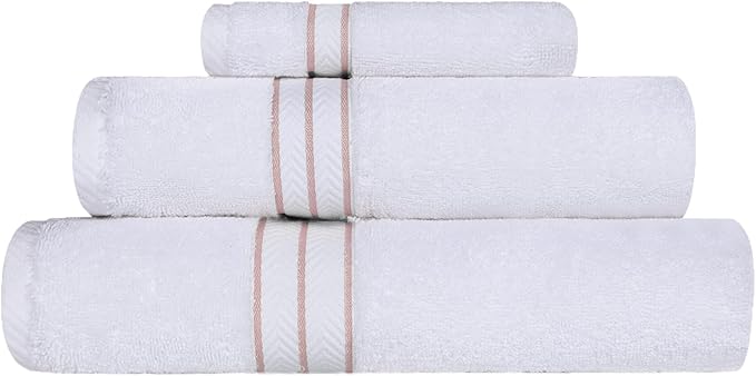 Superior Hotel Turkish Cotton 3 Piece Towel Set, Ultra Plush Spa Quality Heavyweight Essentials for Bathroom, Thick Absorbent and Soft, Dobby Border, Includes 1 Bath 1 Hand 1 Washcloth, Tea Rose