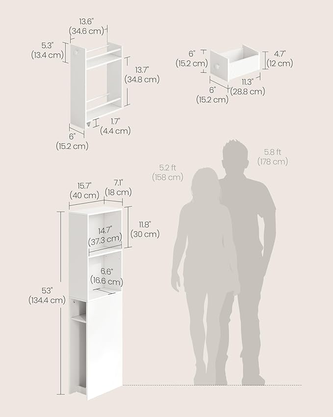 VASAGLE Slim Bathroom Storage Cabinet, Narrow Freestanding Cabinet with Storage Drawers and Adjustable Shelf, for Small Spaces, Modern Style, Cloud White UBBK567T14S | Narrow, Freestanding, Storage Drawers, Adjustable Shelf, Modern Style