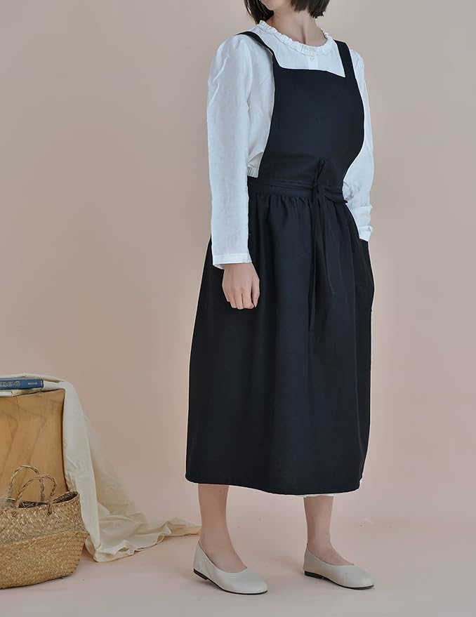 VLZUFE Women Cotton Linen Cross Back Apron with Pockets for Gardening Works Pinafore Dress Black