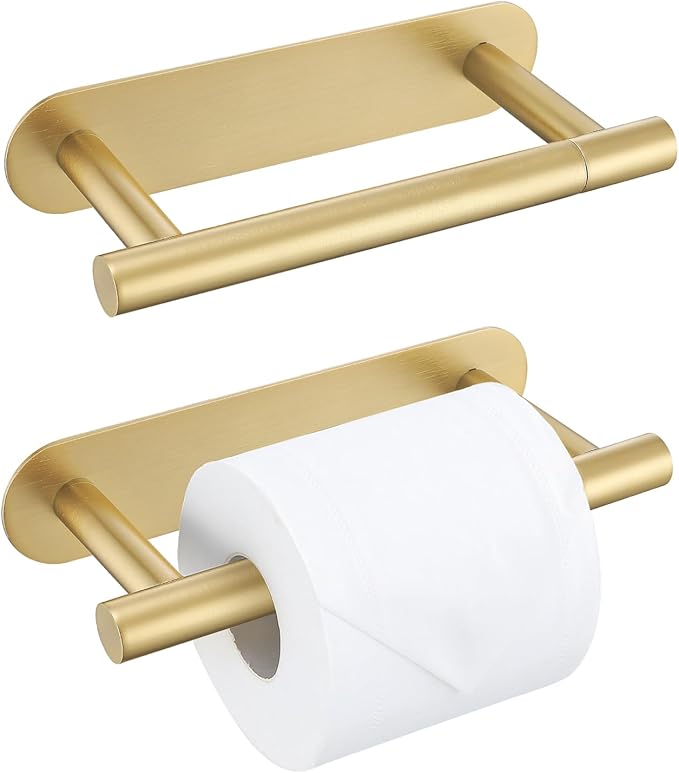 2 Pieces Self Adhesive Brushed Gold Toilet Paper Holder, Commercial Toilet Paper Dispenser Toilet Roll Holder, Double Base Paper Towel Holder Wall Mount No Drilling for Bathroom, Kitchen
