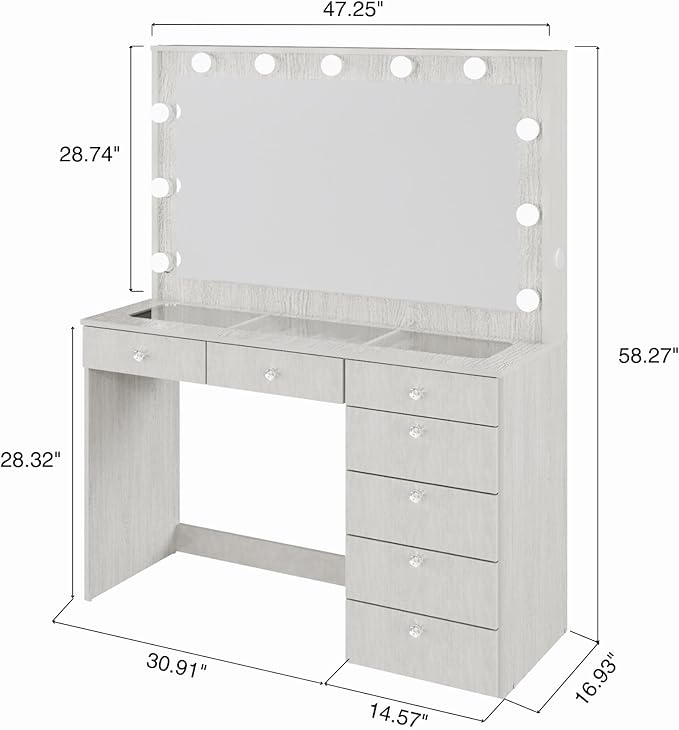Boahaus Serena White Makeup Vanity with Mirror and 11 Lights, 7 Drawers, Glass Top, Crystal Knobs, USB-A & USB-C Ports, 110V Power Outlet, Bedroom Vanity Desk (Grey)