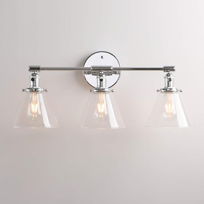 Permo Vintage Industrial Antique Three-Light Wall Sconces with Funnel Flared Clear Glass Shade (Chrome)