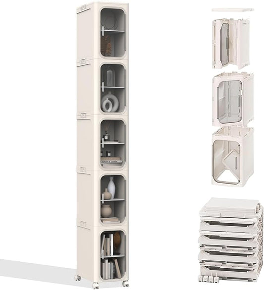 5-Tier Slim Tall Bathroom Cabinet, Plastic Tall Narrow Cabinet with Doors and Shelves, Floorstanding Skinny Cabinets with Wheels, Corner Bathroom Organizer for Small Space