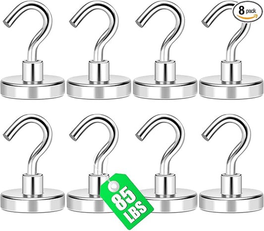 MIKEDE Magnetic Hooks, 85LB+ Heavy Duty Magnetic Hooks Cruise with Epoxy Coating for Refrigerator, Strong Magnet Hooks for Tool Room, Magnetic Metal Hooks for Grill - 8 Pack