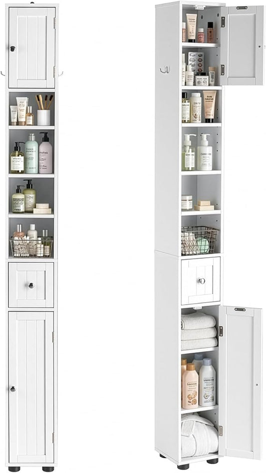 Karl home White Narrow Floor Storage Cabinet, Freestanding Storage Unit with 1 Drawers & 2 Doors, Thin Toilet Organizer for Small Spaces，for Entryway, Bathroom