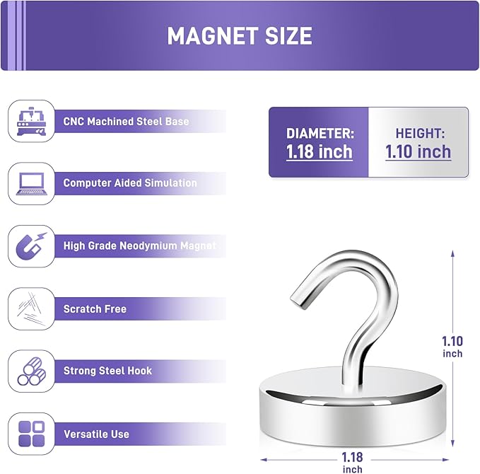 Neosmuk Magnetic Hooks Heavy Duty,100lb Super Strong Magnet with Hooks for Cruise Cabins, Large Metal Hooks for Hanging on Fridge,Extra Strong Magnet Hanger for Ship Walls, 6 Pack