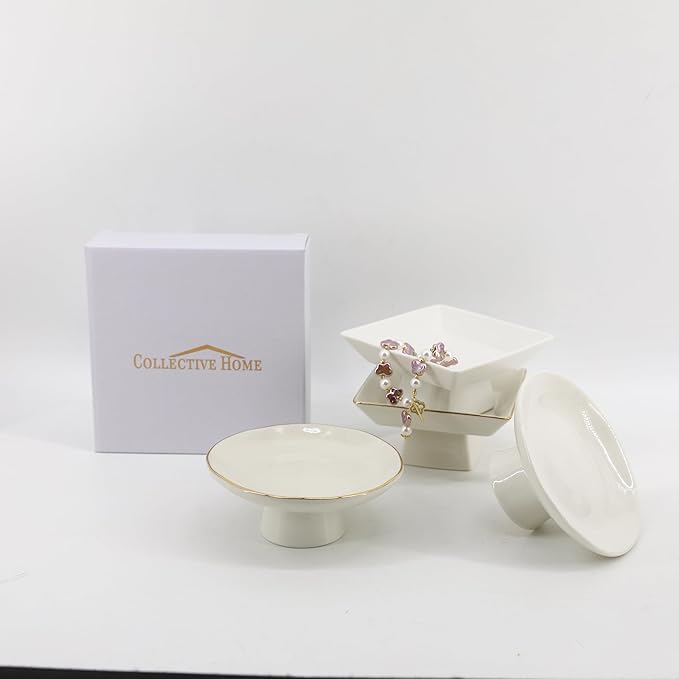 COLLECTIVE HOME - Ceramic Jewelry Tray, Decorative Geometric Jewelry Dish, Luxurious Trinket Tray with High Base, Birthday Mother's Day for Women (Square Matte)