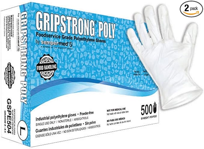 GripStrong Poly Foodservice Grade Polyethylene Gloves, Large (500/Box)