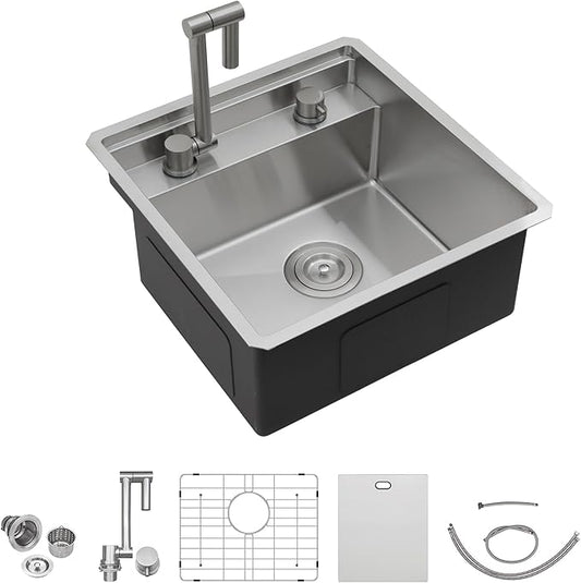 18 Inch RV Kitchen Sink - Fulorni 18"x18" Outdoor RV Camper Mobile Wet Bar Prep Sink Undermount 16 Gauge Stainless Steel Single Bowl Basin with Foldable Faucet