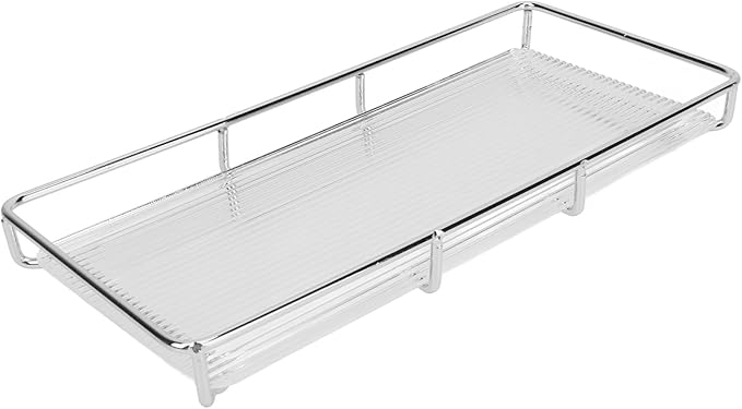 Restokki Bathroom Countertop Tray Stainless Steel Acrylic Modern Minimalist Design Storage Shelf Vanity Tray for Cosmetics Living Goods (Silver Single Layer Large Size)