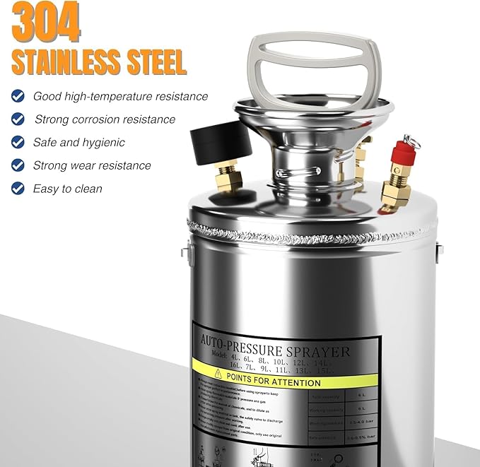 1.5 Gallon Hand Pump Sprayer, 304 Stainless Steel Garden Chemical Sprayer with Pressure Gauge, Adjustable Nozzle, 16" Sprayer Wand, 3.3ft Hose & Safety Valve