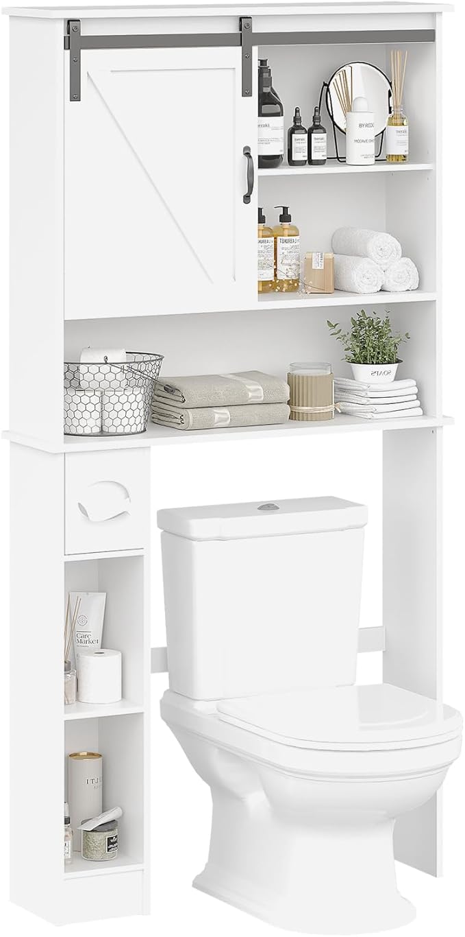 Over the Toilet Storage Cabinet Bathroom Shelf over toilet with Sliding Barn Door, Toilet Organizer with Toilet Paper Holder, Toilet Organizer Rack with Adjustable Shelf for Bathroom, Laundry, White