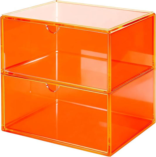 Acrylic Desk Organizer with Drawers Stackable Makeup Organizer for Vanity Office Countertop Cosmetic Display Cases Makeup Storage Box, Neon Orange