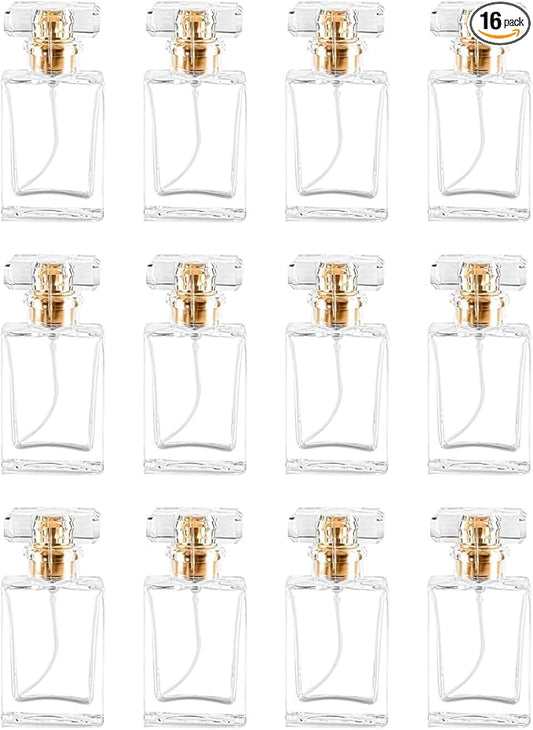 Glass Perfume Bottle Empty Refillable 16Pack Clear Travel Perfume Spray Atomizer Bottle 30ml Perfume Fine Mist Spray Perfume Bottle Atomizer Container with Sprayer Applicator (Clear Square 30ml 16PCS)