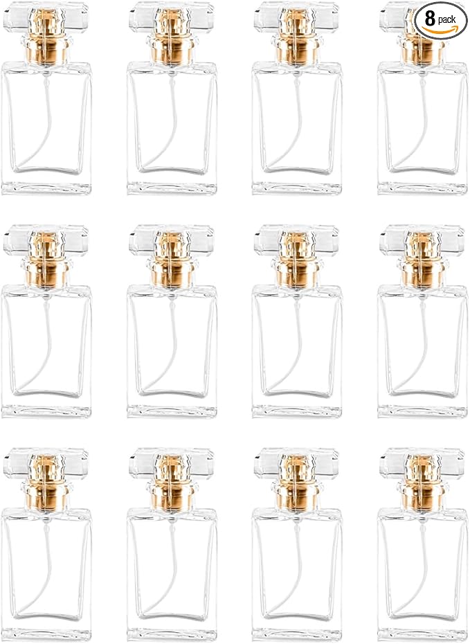 Glass Perfume Bottle Empty Refillable 8Pack Clear Travel Perfume Spray Atomizer Bottle 30ml Perfume Fine Mist Spray Perfume Bottle Atomizer Container with Sprayer Applicator (Clear Square 30ml 24PCS)