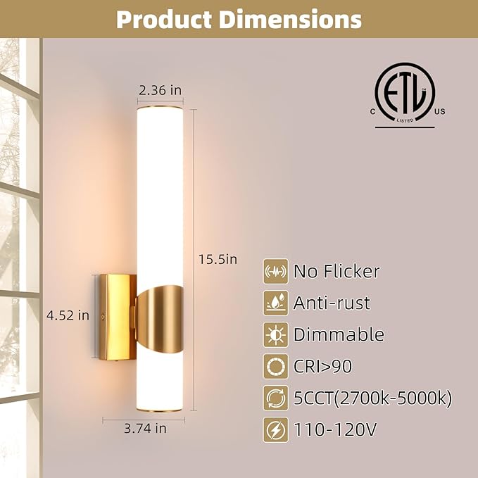 Gold Wall Sconces Set of Two 15 inch 5CCT Dimmable Bathroom Sconce with Acrylic Shade LED Hardwired Wall Light Fixtures for Bathroom Living Room Bedroom Hallway, 2 Pack