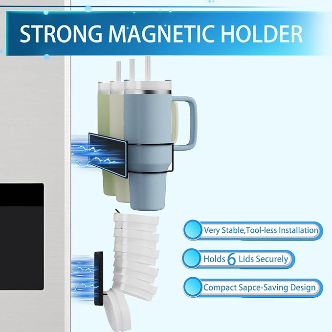 Magnetic Fridge Cup Holder for Stanley 20/30/40 oz with Tumbler Lid Organizer, Strong Magnetic Water Bottle Storage Rack (2Pack 3Cups)