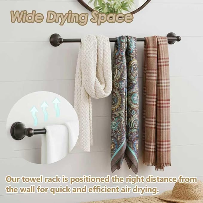 24 Inch Bathroom Towel Bar, Oil Rubbed Bronze Wall Mounted Towel Rack, Bathroom Towel Holder for Hand Towels, Stylish Towel Bar for Bathroom Decor