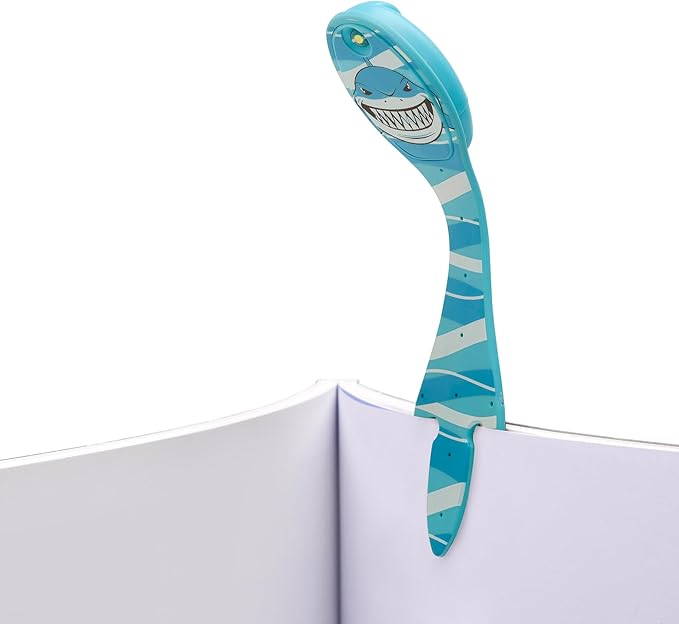 Gifts for Readers & Writers Book Light, Clip On Reading Light for Bed, 2in1 Flexilight & Bookmark, Small & Lightweight with a Soft Glow, 2 Batteries Included, Shark