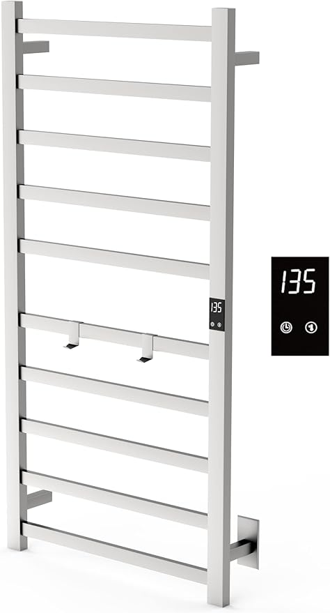 Electric Towel Warmer | Super Thin | with Timer & Temperature Multi-Level Adjustments | Hardwired & Plug-in | 10 Bar Brushed Finish