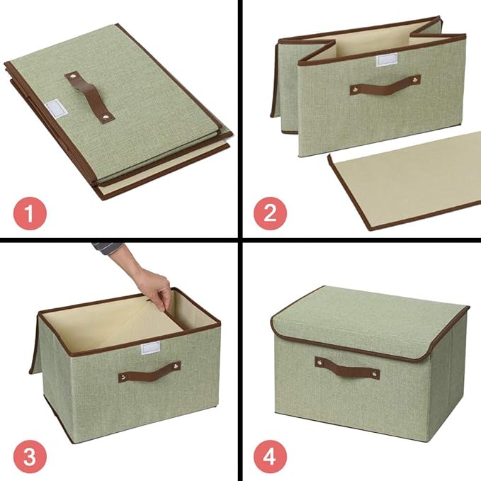 UUJOLY Large Storage Bins Linen Fabric Foldable Basket Cubes Organizer Storage Box Drawer with Lid and Handles for Home, Office, Closet, Bedroom, Nursery（(Green-2pcs)）