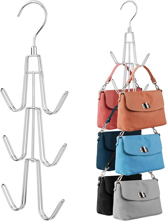 Purse Organizer for Closet, 3 Pack Rotatable Sturdy Purse Hanger Bag Rack with 18 Hooks, Space Saving Handbag Backpack Holder, Closet Organizers and Storage, Silver