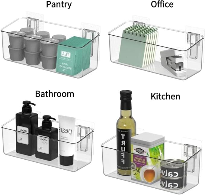 Clear storage bins labeled for Pantry, Office, Bathroom, and Kitchen with various items inside.