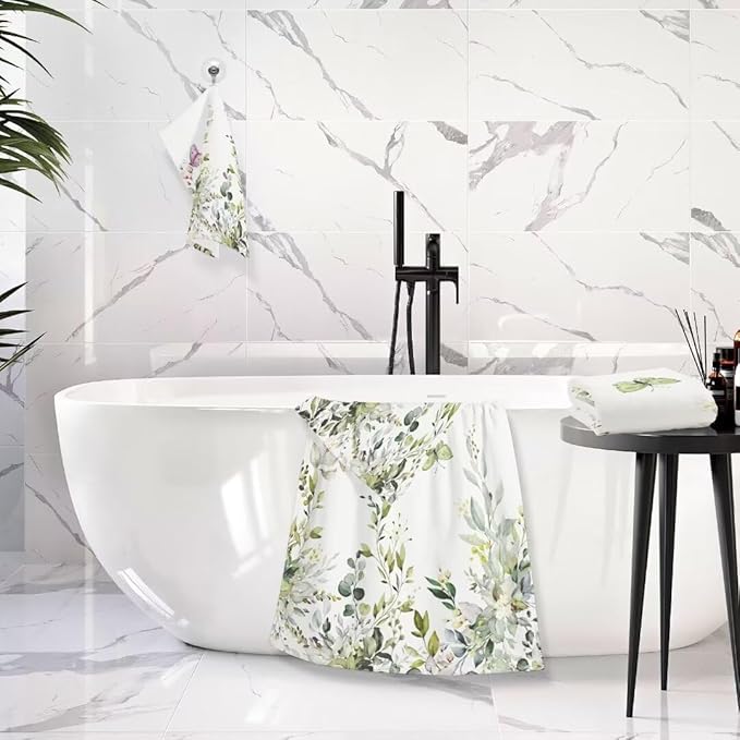 Sage Green Leaves Towels Set, 3 Piece Watercolor Eucalyptus Butterfly (1 Bath, 1 Hand, 1 Washcloth), Absorbent Microfiber Decorative Bathroom Towels for Hair, Face