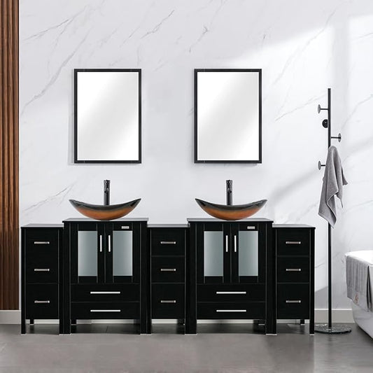eclife 84" Modern Bathroom Vanity Sink Combo Freestanding Cabinet with Small Side Cabinet, Brown Boat Glass Vessel Sink, Water Save Faucet, Drain (Black+A29BR)