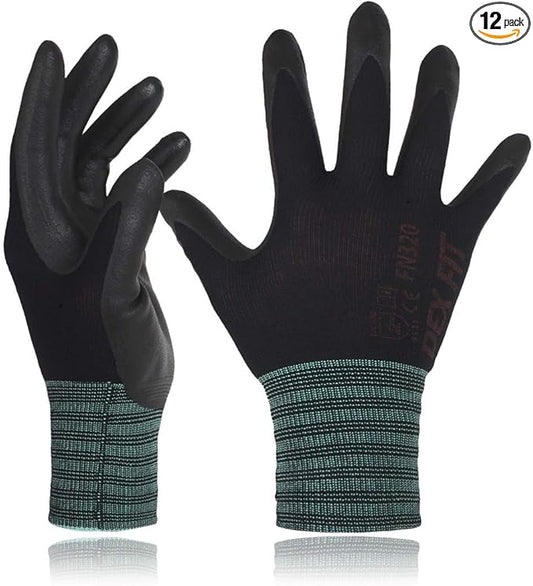 DEX FIT Nylon Work Gloves FN320, 3D Comfort Fit, Power Grip, Lightweight & Breathable, Touchscreen, Gardening, Yard Work, Warehouse, Delivery Driver Gloves; Black 8 (M) 12 Pairs