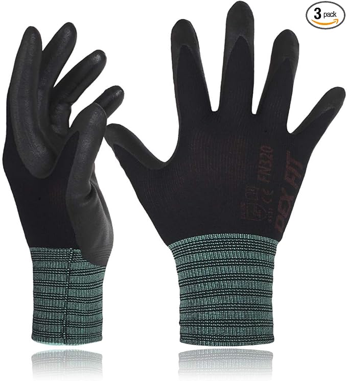 DEX FIT Nylon Work Gloves FN320, 3D Comfort Fit, Power Grip, Lightweight & Breathable, Touchscreen, Gardening, Yard Work, Warehouse, Delivery Driver Gloves; Black 9 (L) 3 Pairs