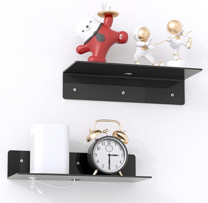 12" Black Acrylic Floating Shelves, 2 Pack with Cable Clips, Small Floating Shelf for Expand Wall Display Space for Living Room, Bathroom, Gaming Room, Dorm Wall Decor