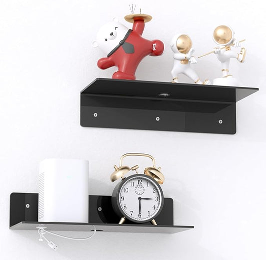 12" Black Acrylic Floating Shelves, 2 Pack with Cable Clips, Small Floating Shelf for Expand Wall Display Space for Living Room, Bathroom, Gaming Room, Dorm Wall Decor