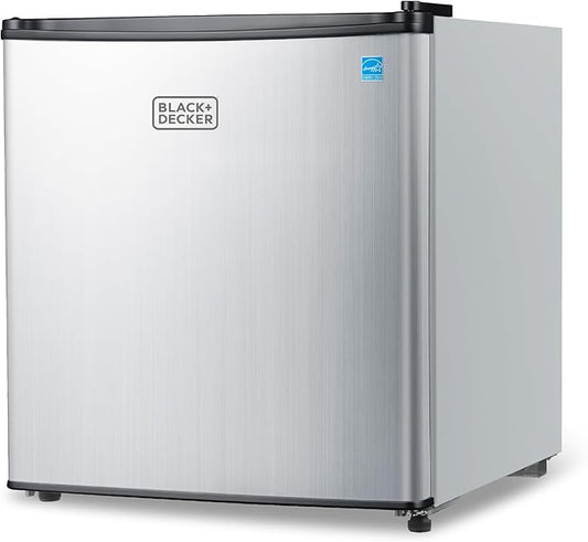 BLACK+DECKER 1.7 Cu. Ft. Compact Refrigerator, ENERGY STAR Certified, Single Door Mini Fridge with Chiller Compartment, Personal Fridge for Home or Dorm Room, R600a Refrigerant, BCRK17V,Stainless Look