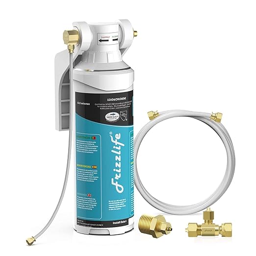 Frizzlife Inline Water Filter System for Fridge, Ice Maker, Under Sink, Certified 0.5 Micron Reduces Chlorine, Lead, Long Lasting, Compression Brass Fittings Fits for Copper Tubing, MS99