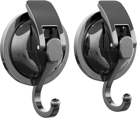 Heavy Duty Vacuum Suction Cup Hooks, Gun Silver Plated Polished Super Suction for Kitchen Bathroom, 2 Pack