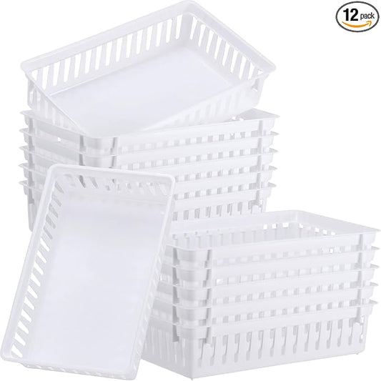 Wenqik Set of 12 Small Plastic Baskets for Organizing 10.24 x 6.5 x 2.36 Inch Pharmacy Baskets Rectangular Trays Plastic Organizer for Office Pharmacy Dorm Kitchens, Closets Shelves(White)