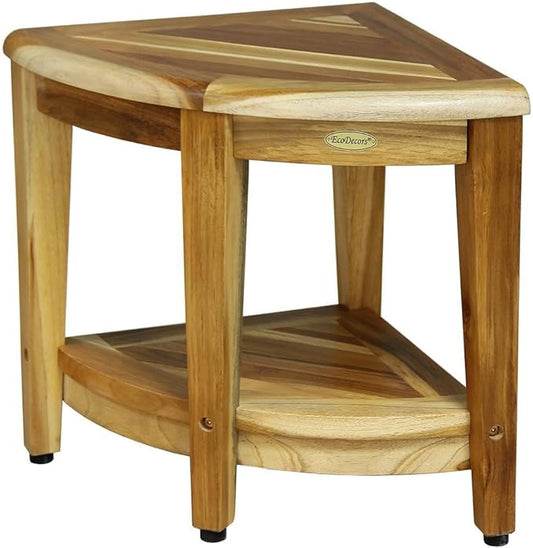 EcoDecors Fully Assembled SnazzyCorner® 18" Teak Shower Bench, Corner Shower Stool, w Shelf in Earthy Teak Finish, Compact Fit for Small Bathrooms & Walk-in Showers – Slip-Resistant Feet