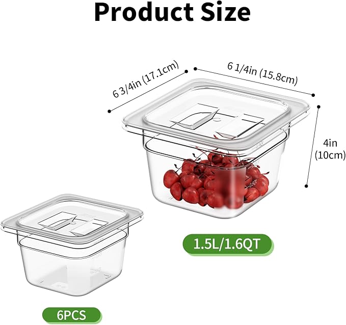 1/6 4" 6 Pack Plastic Food Pans With Lids, Clear Food Pan, Commercial Stackable Polycarbonate Freezer-Safe for Fruits Vegetables Restaurant Kitchen