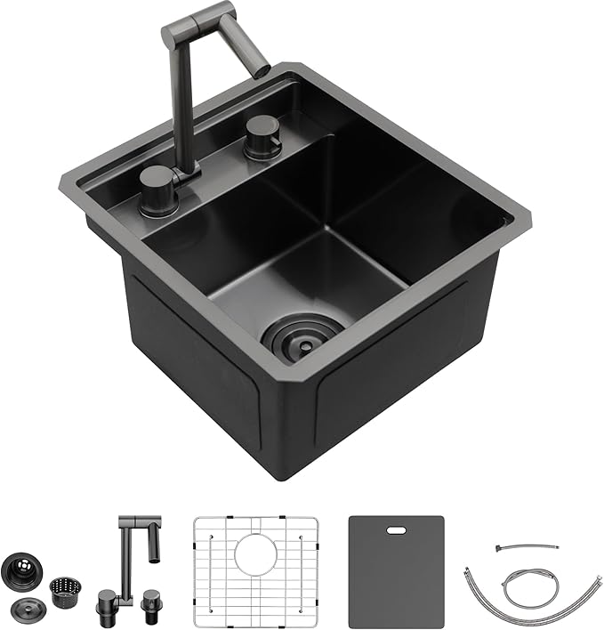 15 Inch RV Kitchen Sink - Fulorni 15"x17" Outdoor RV Mobile Camper Wet Bar Prep Sink Undermount Gunmetal Black NANO-PVD 16 Gauge Stainless Steel Single Bowl Basin with Foldable Faucet