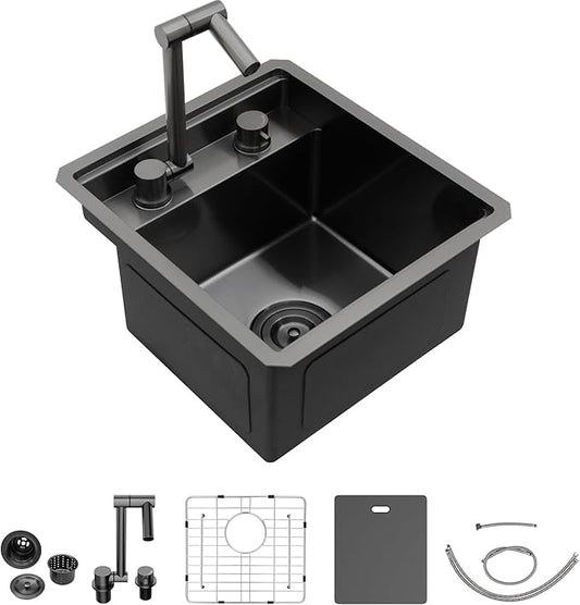 15 Inch RV Kitchen Sink - Fulorni 15"x17" Outdoor RV Mobile Camper Wet Bar Prep Sink Undermount Gunmetal Black NANO-PVD 16 Gauge Stainless Steel Single Bowl Basin with Foldable Faucet
