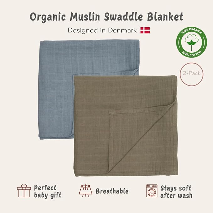 Baby Swaddle – Organic Cotton Muslin Baby Swaddles for Newborns 47” x 47” 2-Pack (Sage Green/Tradewinds)