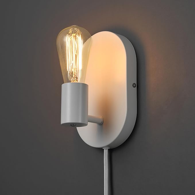 GLOBE Electric 65000134 1-Light Plug-in or Hardwire Wall Sconce, Matte White, 6ft White Fabric Covered Cord, Inline On/Off Rocker Switch, Bedroom, Living Room, Mounted Lamp
